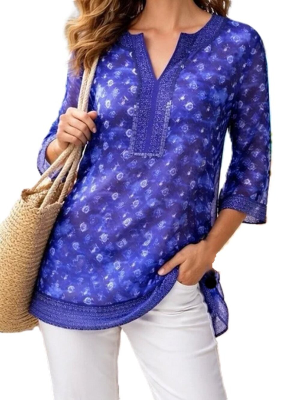 Chicos semi sheer diamond sequin trim tunic top size 3